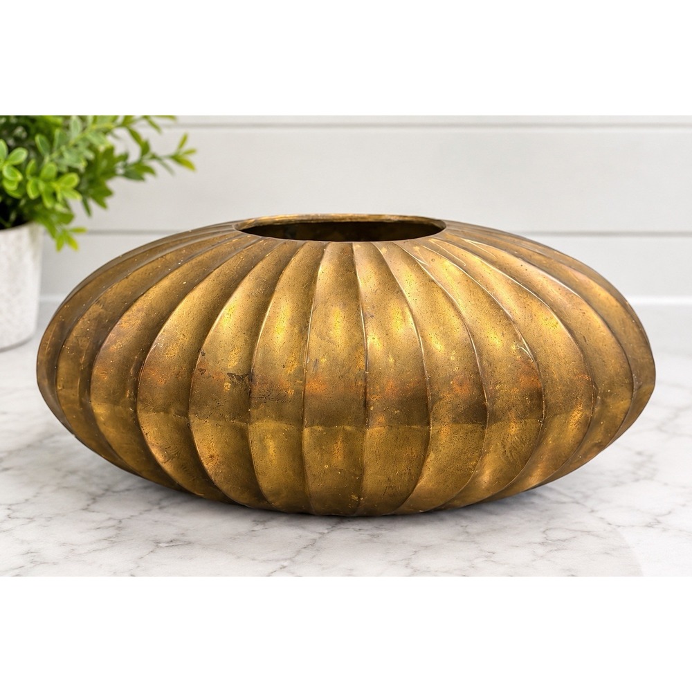 Vintage Brass Ribbed Oval Vase Planter Bowl Made in India 9" Mid Century Decor